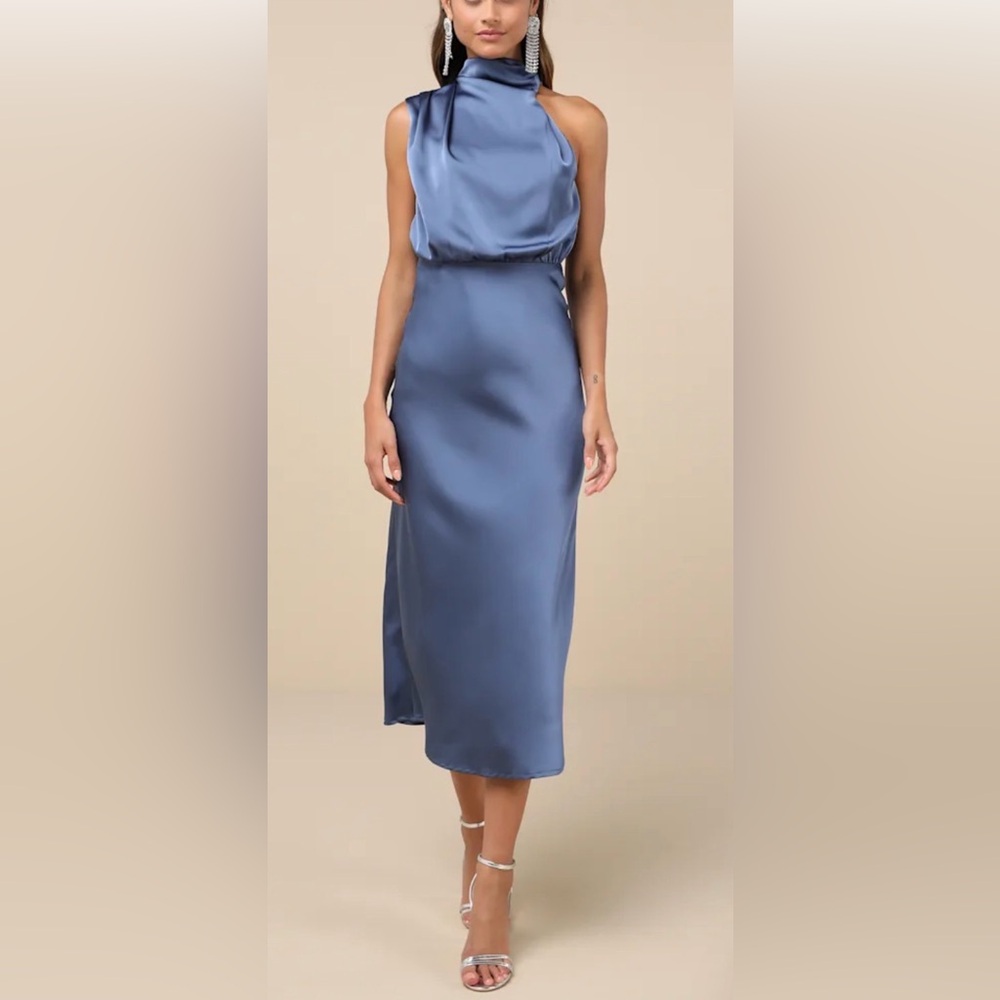 Lulu's Steel Blue Satin High-Neck Midi Dress